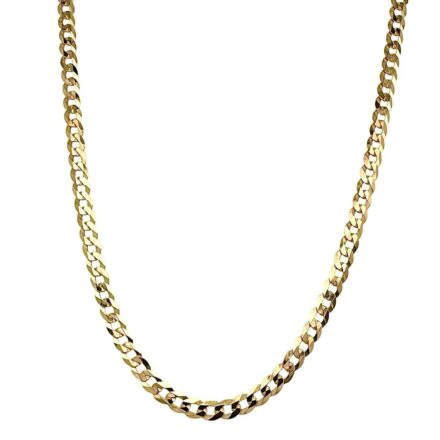 9k yellow gold solid flat bevelled curb chain 4 mm wide for men women and kids from 18 to 24 inches.