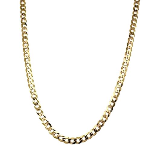 9k yellow gold solid flat bevelled curb chain 4 mm wide for men women and kids from 18 to 24 inches.