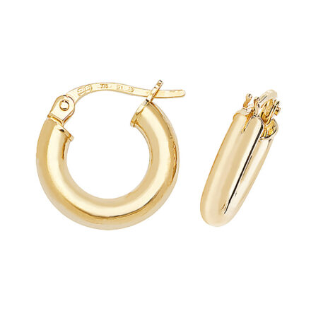 9k Yellow gold 3 mm wide hoop earrings for women, men and kids children.