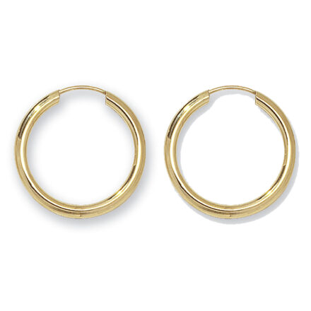 9k yellow gold solid hoop sleepers hoops for men women and kids 2 mm wide in all sizes.