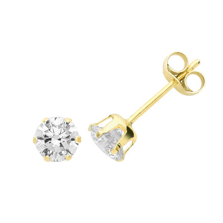9k yellow gold solid stud earrings with cz stones 4 mm , 5 mm and 6 mm wide for men women and kids.