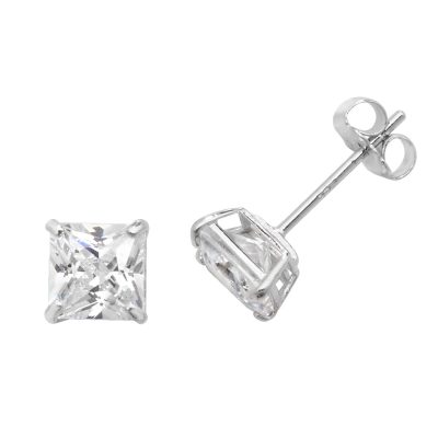 9k white gold solid square shaped stud earrings with cz stones for men women and kids 5 mm and 6 mm wide.