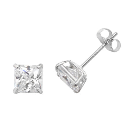 9k white gold solid square shaped stud earrings with cz stones for men women and kids 5 mm and 6 mm wide.