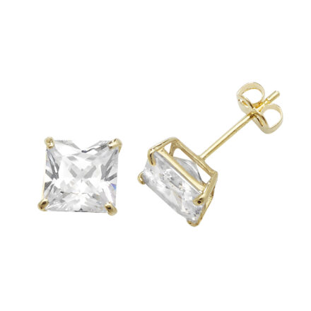 9k yellow gold solid square shaped stud earrings with cz stones for men women and kids 5 mm and 6 mm wide.