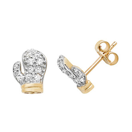 9k Yellow gold stone set boxing glove stud earrings for men and kids. The earrings are set with white cubic zirconia stones.