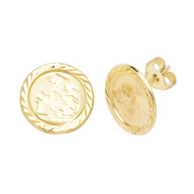 9k yellow gold St.Christopher stud earrings for men and kids with intricate pattern.