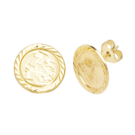 9k yellow gold St.Christopher stud earrings for men and kids with intricate pattern.