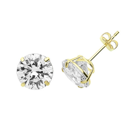 9k yellow gold solid stud earrings with 4 claw setting with cubic zirconia stones.