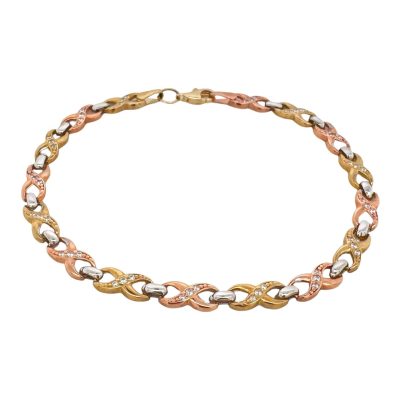 9k tri colored white, yellow and rose gold infinity designed ladies/ women bracelet.