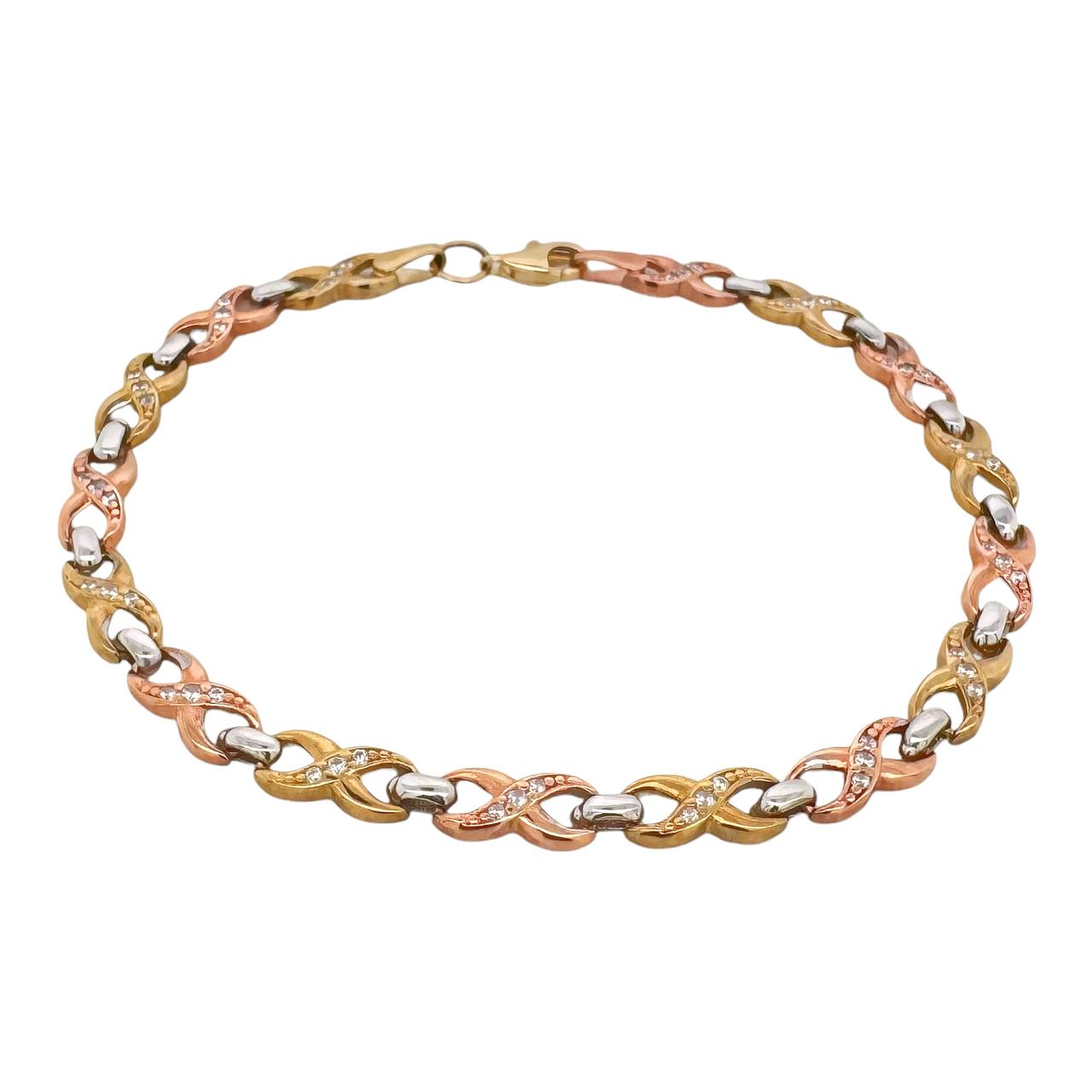 9k tri colored white, yellow and rose gold infinity bracelet for ladies and women with cz stones. 9k tri colored white, yellow and rose gold infinity designed ladies/ women bracelet.