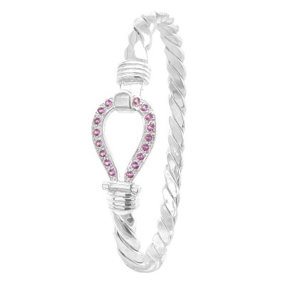 925 sterling silver single hook bangle with pink stones ladies and womens and kids size.