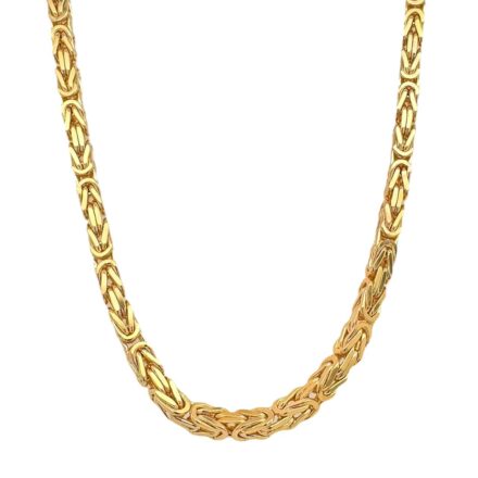 9k yellow gold solid byzantine chain for men and women 4 mm wide kings chain 26 and 28 inches.