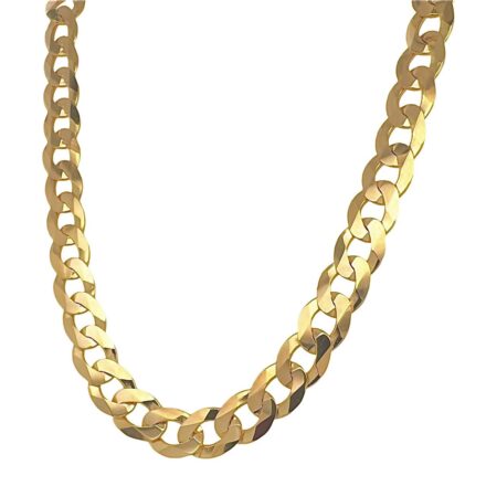 9k Yellow gold solid curb chain 10 mm wide for men flat bevelled design.