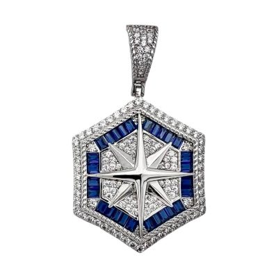 925 sterling silver compass pendant with blue and white cubic zirconia stones iced out medium size.