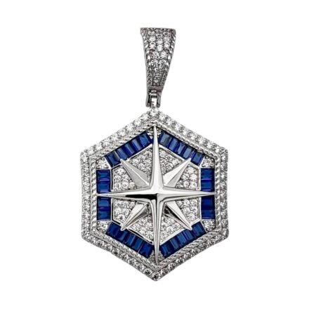 925 sterling silver compass pendant with blue and white cubic zirconia stones iced out medium size.