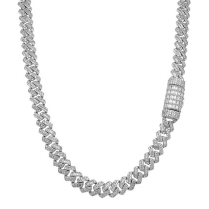 925 sterling silver dome clasp cuban chain baguette and round cubic zirconia stones. The chain is 8 mm wide solid heavy weight.