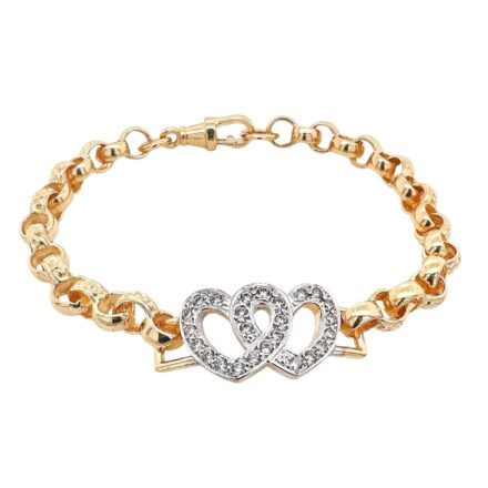9k yellow gold solid double heart belcher bracelet with cubic zirconia stones 14 mm double hearts and 6 mm wide.