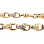 9k Yellow gold solid tulip bracelet with stone set and patterned links 9 mm wide for men women and kids.