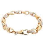 9k Yellow gold solid tulip bracelet with stone set and patterned links 9 mm wide for men women and kids.
