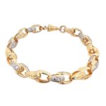 9k Yellow gold solid tulip bracelet with stone set and patterned links 9 mm wide for men women and kids.