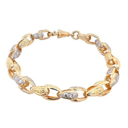 9k Yellow gold solid tulip bracelet with stone set and patterned links 9 mm wide for men women and kids.