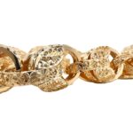 9k yellow gold solid tulip bracelet with patterned links for men, 15.50 mm wide.