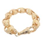 9k yellow gold solid tulip bracelet with patterned links for men, 15.50 mm wide.