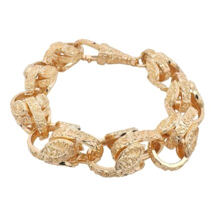 9k yellow gold solid tulip bracelet with patterned links for men, 15.50 mm wide.
