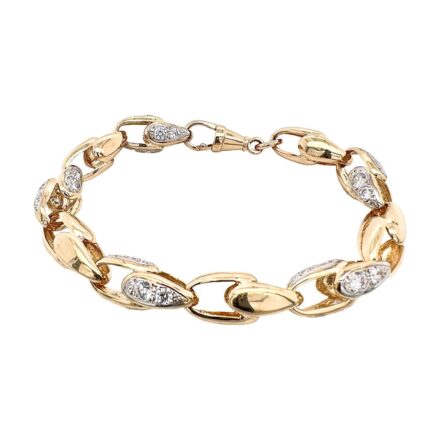 9k yellow gold solid tulip bracelet with cubic stones cz and plain link for men and women 10 mm wide bracelet.