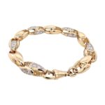 9k yellow gold solid tulip bracelet with cubic stones cz and plain link for men and women 10 mm wide bracelet.