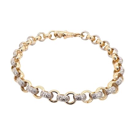 9k yellow gold solid belcher bracelet 7 mm wide with stone set links for kids and ladies.