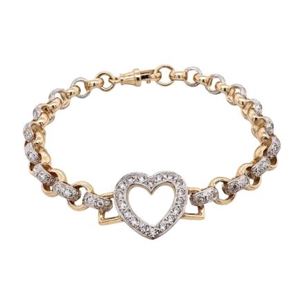 9k yellow gold solid heart belcher with stone set link 15 mm wide and 7 mm wide for ladies and kids.