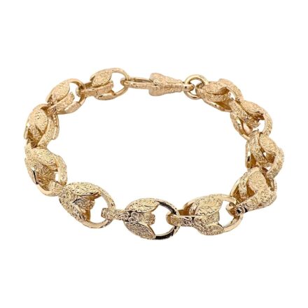 9k yellow gold solid tulip bracelet patterned all over solid. The bracelet is 9 mm wide for men, women and kids.