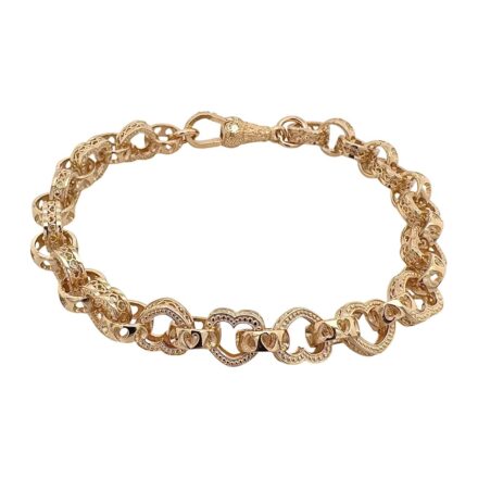 9k yellow gold solid heart belcher bracelet gypsy style 7.5 mm wide for women and kids.