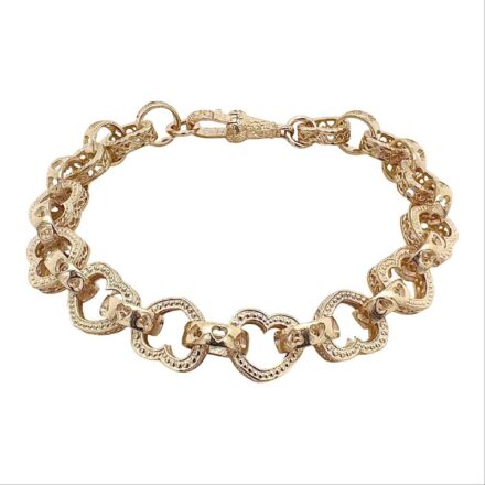 9k yellow gold solid heart belcher for women gypsy lucky style in 7 and 7.5 inches. the bracelet is 9.5 mm wide.