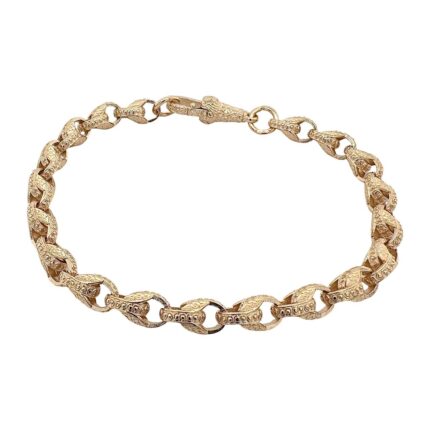 9k yellow gold solid tulip bracelet for men, women and kids. The bracelet is 5.5 mm wide with patterned links.