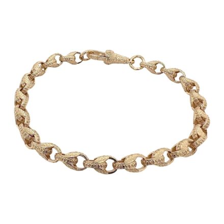 9k yellow gold solid tulip bracelet for men, women and kids. The bracelet is 5.5 mm wide with patterned links.