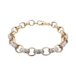 9k Yellow gold solid belcher bracelet stone set with cubic zirconia stones and plain links for men and women in 8 inches, 8.5 inches. 10.50 mm wide solid bracelet.