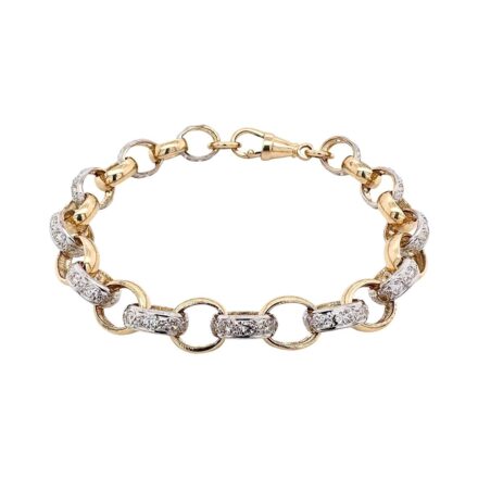 9k Yellow gold solid belcher bracelet stone set with cubic zirconia stones and plain links for men and women in 8 inches, 8.5 inches. 10.50 mm wide solid bracelet.