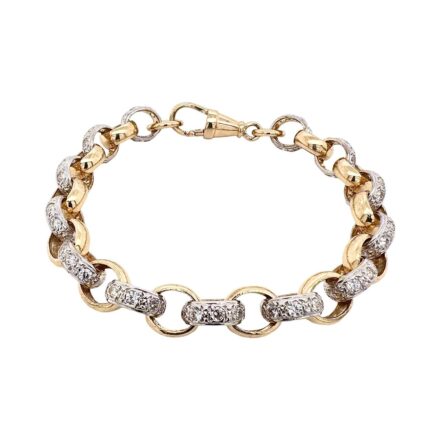 9k Yellow gold solid belcher bracelet stone set with cubic zirconia stones and plain links for men and women in 8 inches, 8.5 inches. 9 mm wide solid bracelet.
