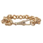 9k yellow gold solid clover belcher bracelet 12 mm wide for women and ladies. 7 inches and 7.5 inches.