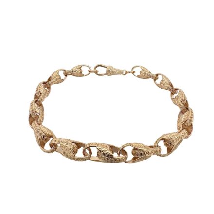 9k yellow gold solid tulip bracelet for men, women and kids. The bracelet is 7.5 mm wide with patterned links.