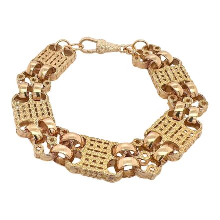9k yellow gold solid double stars and bars belcher link with patterned links for men solid heavy weight 8.5 inches.