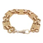 9k yellow gold solid double stars and bars belcher link with patterned links for men solid heavy weight 8.5 inches.