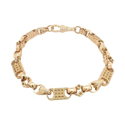 9k Yellow gold solid stars and bars tulip bracelet for kids and women 6.5 mm wide patterned links.