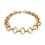 9k Yellow gold solid clover bracelet for women 10.50 mm wide with heart pattern.
