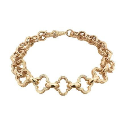 9k Yellow gold solid clover bracelet for women 10.50 mm wide with heart pattern.