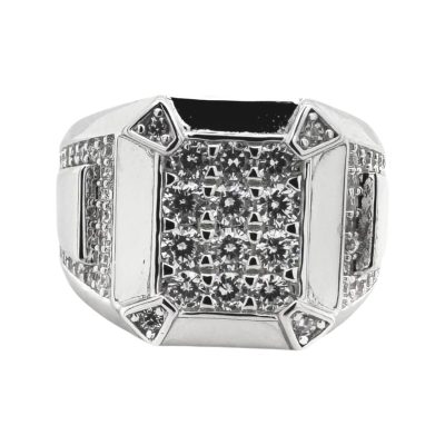 925 sterling silver signet ring with 4 talon design on the corners with cubic zirconia stones.