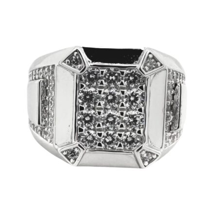 925 sterling silver signet ring with 4 talon design on the corners with cubic zirconia stones.
