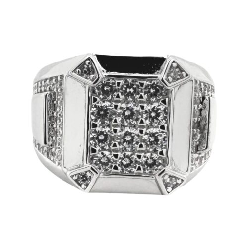 925 sterling silver signet ring with 4 talon design on the corners with cubic zirconia stones.